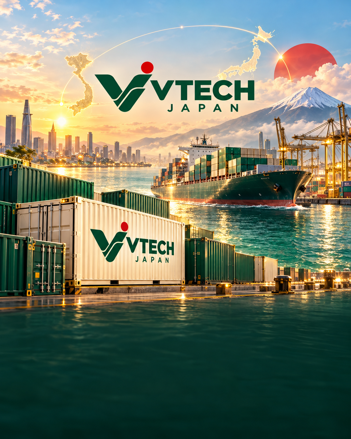 VTech Japan branded illustration connecting Vietnam and Japan through international trade